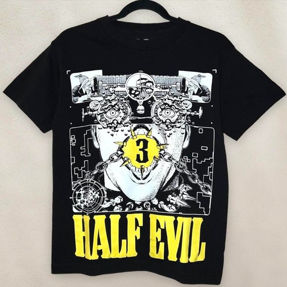 Half Evil Graphic T-Shirt 333 Black & Yellow Face Size Small - Picture 1 of 4
